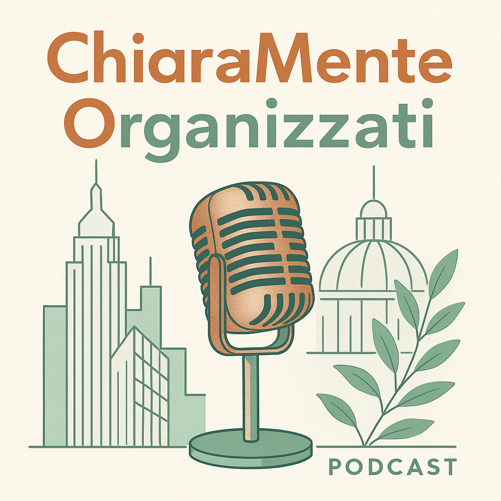 title="ChiaraMente Organizzati: podcast su organizzazione personale, chiarezza mentale, gestione del tempo" Copertina del podcast ChiaraMente Organizzati: grafica illustrata e geometrica in stile minimal, con palette calda e testo in evidenza. Rappresenta chiarezza mentale, organizzazione personale e crescita interiore. Podcast italiano dedicato a produttività consapevole, ordine e benessere mentale.